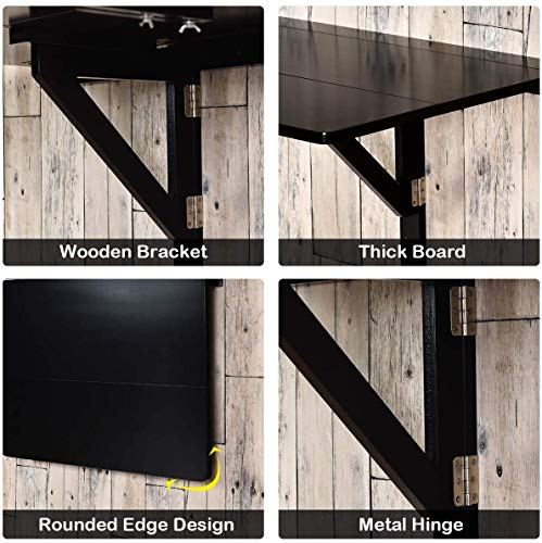 Wall Mounted Folding Table, 31.5’’ x 23.5’’ Wood Floating Desk for Laptop, Study & Dining in Balcony, Bedroom, Bathroom, Kitchen, Drop-Leaf Wall Desk Fold Down for Small Spaces (Black)