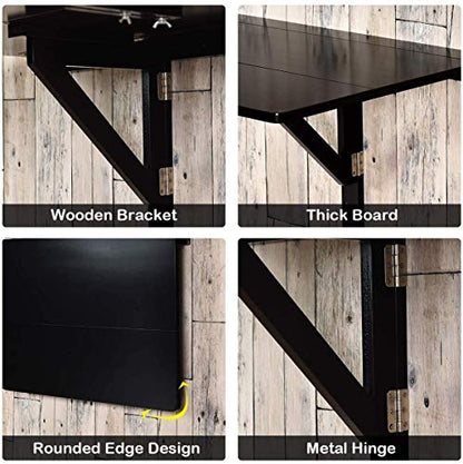 Wall Mounted Folding Table, 31.5’’ x 23.5’’ Wood Floating Desk for Laptop, Study & Dining in Balcony, Bedroom, Bathroom, Kitchen, Drop-Leaf Wall Desk Fold Down for Small Spaces (Black)