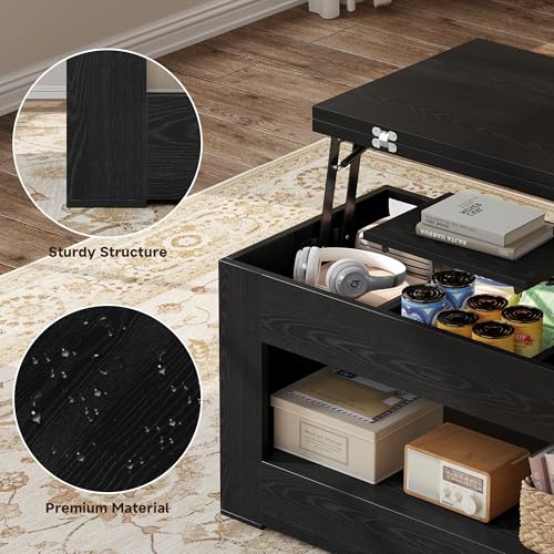 UNIQUITE 40" Lift Top Coffee Table, 4 in 1 Multi-Function Lift Coffee Tables with Storage and Hidden Compartment, Convertible Coffee Table to Dining Table for Living Room, Black - color: Black