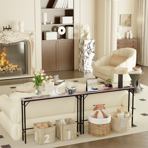 Aduanbang 5.9" Console Table with Outlet – Narrow Sofa Table, Behind Couch Table for Living Room & Hallway, 5.9" x 39.4" x 30", Metal Frame, Rustic Brown - color: Ivory, size: 5.9"D x 39.4"W x 30"H