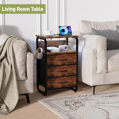 runjuly End Tables Set of 2 with Charging Station, LED Lights, Hooks, Brown | 3 Large Fabric Drawers, USB C Ports & Power Outlets, Metal Night Stand Pair, Storage Nightstand for Living Room / Bedroom - color: Rustic Brown, style: Larger+Taller Set of 2