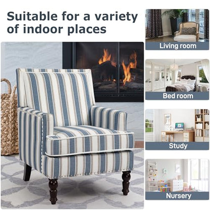 Accent Chair, Comfy Cozy Modern Mid-Century Accent Chairs | Linen Upholstered Lounge Arm chair with Solid Wood Reading Side Padded Single for Living Room/Balcony/Bedroom-Blue Stripe - color: Sackcloth-blue Stripe(s001)