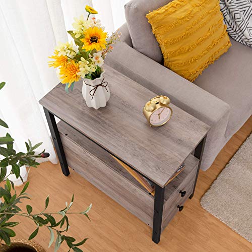 HOOBRO End Table, Narrow Chairside Table with Drawer and Open Storage Shelf, Nightstand for Small Spaces, Stable and Sturdy Construction, Wooden Look Accent Furniture, Greige and Black BG548BZ01G3 - color: Greige + Black