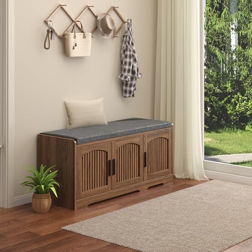 39.4" Shoe Storage Bench with Seating Cushion, Fluted 2-Tier Entryway Bench with 3 Doors & Adjustable Shelves, Shoe Cabinet Bench for Entryway, Hallway, Bedroom and Living Room - color: Walnut