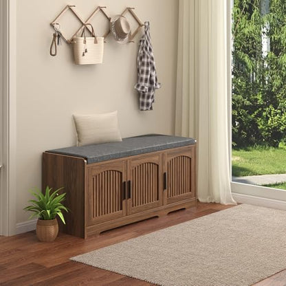 39.4" Shoe Storage Bench with Seating Cushion, Fluted 2-Tier Entryway Bench with 3 Doors & Adjustable Shelves, Shoe Cabinet Bench for Entryway, Hallway, Bedroom and Living Room - color: Walnut