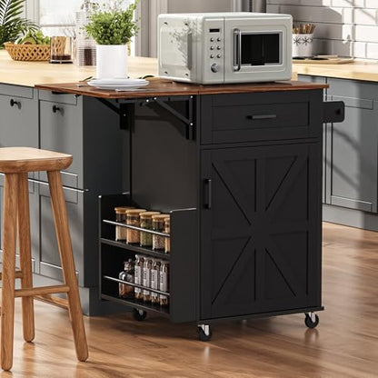 39.3" Farmhouse Kitchen Island with Drop Leaf and Open Side Rack, Small Kitchen Rolling Cart with Drawer and Storage Cabinet, Mobile Dining Table with Lockable Wheels and Towel Rack for Garden Black - color: Black