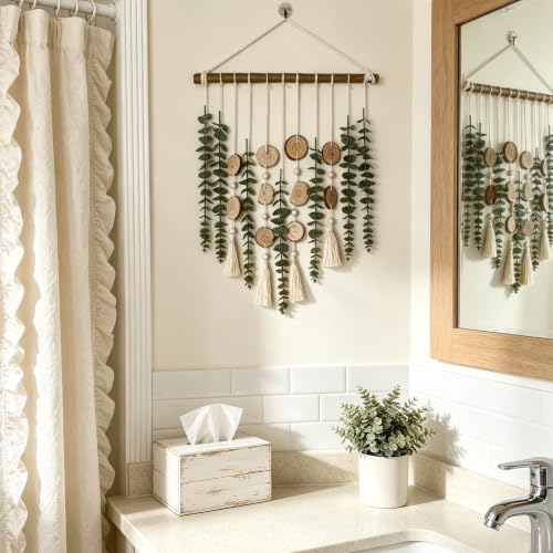 Artificial Eucalyptus Wall Decor Fake Greenery Leaves Stems Wall Hanging Plants on 16.5 inch Wooden Stick Boho Rustic Farmhouse Decor for Bedroom Kitchen Dining Room Bathroom