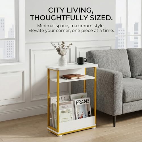 Narrow Side Table,3-Tier Slim End Table with Storage Shelf,Modern Sofa Table Thin Side Table for Small Spaces, Skinny Bedside Table Small Nightstand with Magazine Rack Space Saving/White+Gold - color: White+gold