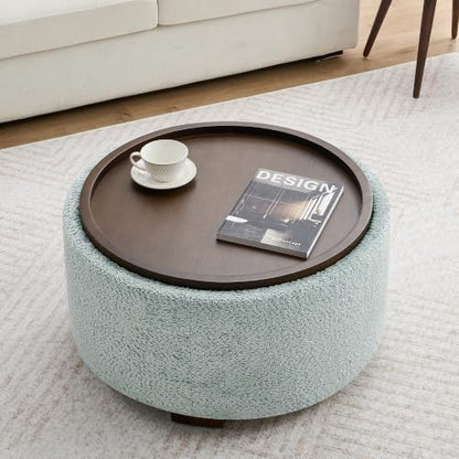 Zihanhome 30" Round Chenille Storage Ottoman Coffee Table with Removable Tray Top, Large Hidden Storage Ottoman, Solid Wood Legs for Living Room, Bedroom, Apartment (Teal) - color: Teal