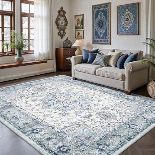 5x7 Area Rugs - Washable Rug Vintage Distress Boho Medallion Rugs for Living Room, Soft Non-Slip Backing Low Pile Carpet for Bedroom Dining Room Office Nursery Dorm Home, Blue Grey Purple - color: D- Blue/Grey/Purple, size: 5' x 7' (Rectangular)