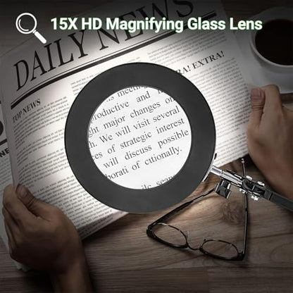 15X Real Glass Lens Magnifying Glass with Light – 3 Color Modes & Adjustable Brightness, Hands-Free Magnifier with Metal Base & Clamp for Crafts, Repair, Reading, Sewing, Painting & Close Work
