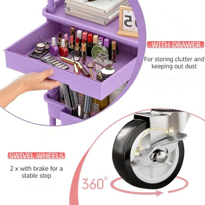 REBECAT 3 Tier Rolling Cart with Drawer, Utility Storage Cart on Wheels for Kitchen, Bathroom, Living Room,Office(Purple) - color: Purple