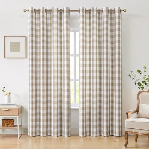 Amzdecor Buffalo Plaid Grommet Curtains 84 Inch Length, Tan Semi-Sheer Gingham Check Farmhouse Rustic Textured Curtains Drapery for Living Room Bedroom,2 Panels （52" x 84",Beige/Tan & White） - color: Beige/White, size: 52"W x 84"L (Pack of 2)