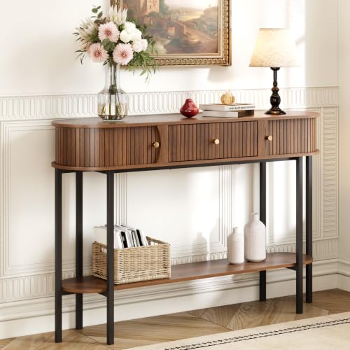 47.2" Entryway Table with Drawer and Storage, Narrow Console Table with Sliding Tambour Doors, Fluted Console Table Behind Couch for Hallway, Foyer, Living Room, Walnut, 220lbs Capacity