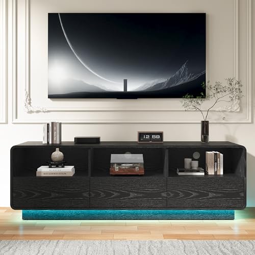 RoyalCraft TV Stand for TVs Up to 65", Modern Black Entertainment Center with 3 Storage Drawers and LED Lights, Curved Wood Media TV Console for Living Room, Bedroom - color: Black