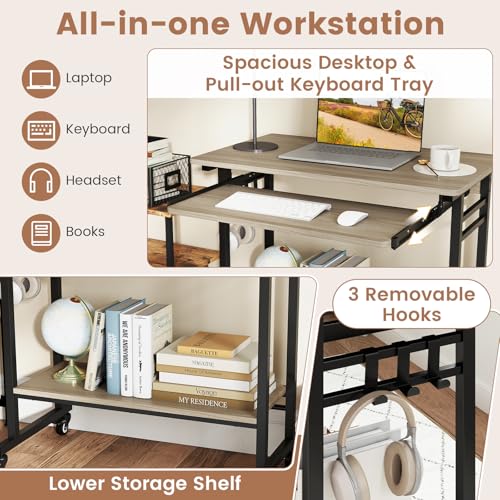 GIANTEX Rolling Computer Desk, Mobile Desk with Keyboard Tray & Wheels, Portable Laptop PC Table Cart with Shelf & Hooks, Small Desk for Small Spaces, Bedroom, Apartment (Grey Oak) - color: Grey Oak