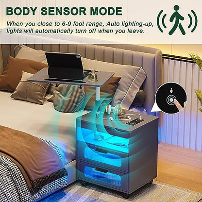 HNEBC Nightstand with Wireless Charging Station, LED Nightstand Has Adjustable Rotary Workstation, Smart Night Stand with 2 Drawers,Modern Bedside Table for Bedroom, Sensor Light/Wheel (Grey) - color: 9603-1-grey
