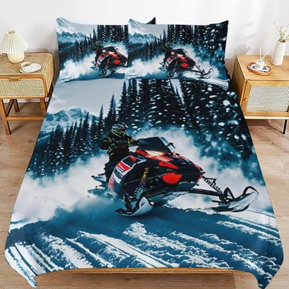 3 Piece Cool Snowmobile Bedding Set - Ultra Soft Fabric & Double-Sided Print, Breathable Comforter Set with 1 Quilt Cover & 2 Pillowcases for Home Hotel, 90"x90" - size: 90"x90"