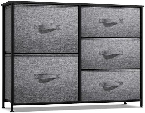 Sorbus Dresser with 5 Drawers - Chest Organizer Unit with Steel Frame Wood Top & Handle Easy Pull Fabric Bins for Clothes - Storage Furniture for Bedroom, Hallway, Living Room, Nursery & Closet - color: Black, size: 11.9"D x 33.5"W x 27.6"H (5 Drawers)