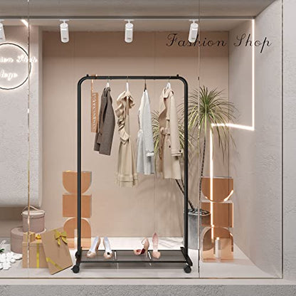 SONGMICS Clothes Rack with Wheels, Clothing Rack for Hanging Clothes, 25.4 mm Metal Garment Rack with Dense Mesh Storage Shelf, 110 lb Load Capacity, 2 Brakes, Black UHSR25BK - color: Black, style: Single Rod
