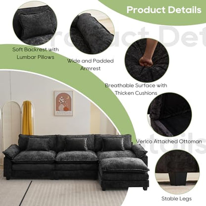 120" Modular Sectional Sofa, Comfy Deep Cloud Couch with Ottoman | L-Shaped Couches for Living Room, Modular Couch, Deep and Wide Seat, Chenille Sofa Sleeper with Throw Pillows, Black - color: Black, size: 120 Inch L
