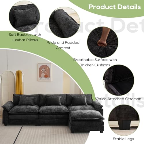 120" Modular Sectional Sofa, Comfy Deep Cloud Couch with Ottoman | L-Shaped Couches for Living Room, Modular Couch, Deep and Wide Seat, Chenille Sofa Sleeper with Throw Pillows, Black - color: Black, size: 120 Inch L