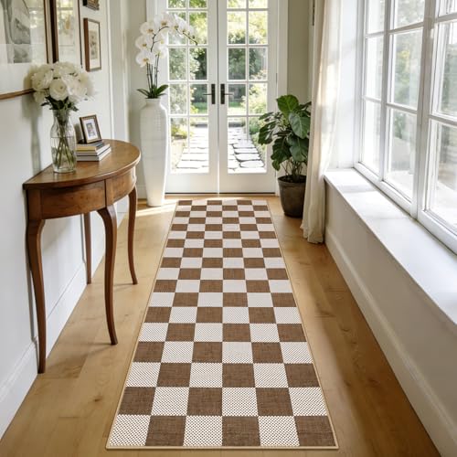 GarveeHome Checkered Light Brown 2x6 Washable Low-Pile Kitchen Runner Rug | Non-Slip Terracotta Brown Stain Resistant Rug for Kitchen Entryway Bedroom Bathroom Geometric Modern Rug TPE Backing - color: Terracotta Brown, size: 2' x 6' (Rectangular)
