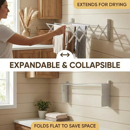 HILLHOUSE Wall Mount Drying Rack for Laundry Room - Collapsible Accordion Clothes Dryer, Extendable Aluminum Clothes Rack, Space Saving Laundry Drying Rack Wall Mounted for Bathroom & Balcony