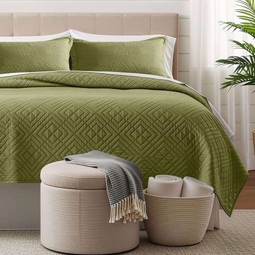 Clara Clark Quilts Twin Size - All Season Bedspread Coverlet Set, Pinsonic Weave Lightweight Bedding Set - 5 Piece Twin Quilt Set with Pillow Shams, Olive Green - Twin Diamond - color: 39 – Olive Green – Diamond, size: Twin