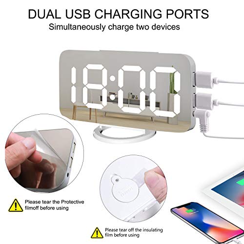 Miowachi White Digital Alarm Clock for Bedrooms, Small Desk Table Bedside Nightstand Cute Decorative LED Mirror Clock for Home Room Office Vanity, USB Charger