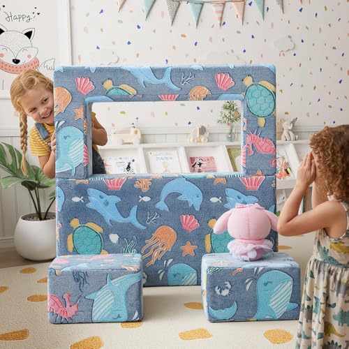 MeMoreCool Glow Modular Kids Couch, Denim Mermaid | modular foam seating, removable washable cover, mermaid glow design, lightweight pieces, playroom furniture - color: Denim Mermaid