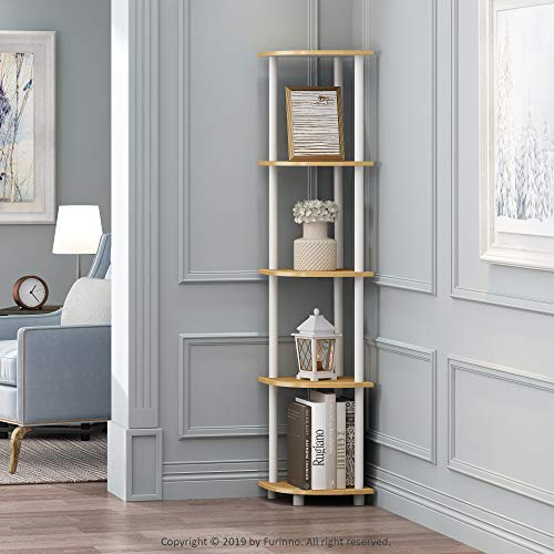 Furinno TURN-N-TUBE Corner Shelf, 5-Tier Corner Bookshelf, Open Storage Shelves, for Organization and Storage, Living Room, Home Office, Garage, Bedroom, Beech - color: Beech/White, size: 5-Tier Corner