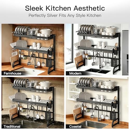 3 Tier Extra Large Stainless Steel Over The Sink Dish Drying Rack | Rust Proof Metal, Expandable Kitchen Sink Drainer, Counter Space Saving, Heavy Duty, Modern Black, Multifunctional Storage - color: Black, size: Over Sink 3 Tier