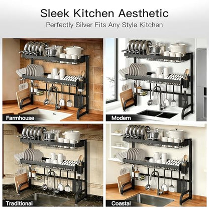 3 Tier Extra Large Stainless Steel Over The Sink Dish Drying Rack | Rust Proof Metal, Expandable Kitchen Sink Drainer, Counter Space Saving, Heavy Duty, Modern Black, Multifunctional Storage - color: Black, size: Over Sink 3 Tier