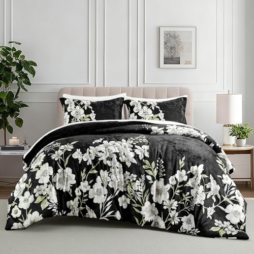 Sunshine Nicole Reversible Comforter Set, Printed Distressed Velvet Front and Sold Distressed Velvet Reverse, 3 Pieces Black Queen, with Soft Polyester Fill - color: Black, size: Queen