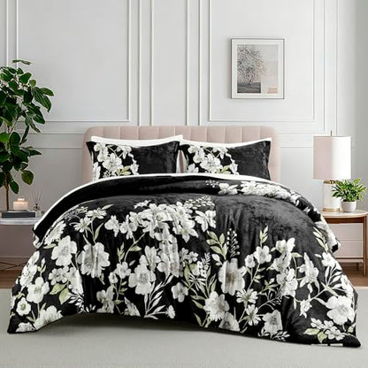 Sunshine Nicole Reversible Comforter Set, Printed Distressed Velvet Front and Sold Distressed Velvet Reverse, 3 Pieces Black Queen, with Soft Polyester Fill - color: Black, size: Queen
