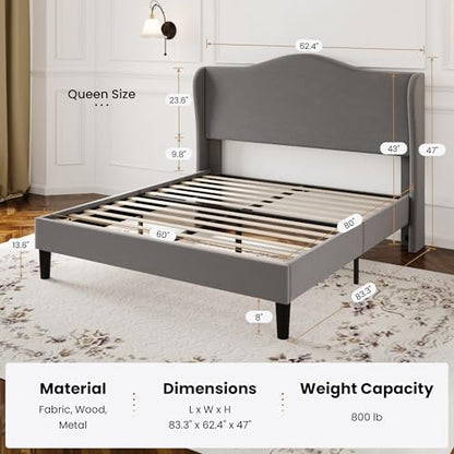 SHA CERLIN Queen Size Bed Frame with Curved Wingback Headboard, Soft Grey | Modern Luxury Design Velvet Platform Bed with Sturdy Wooden Slats,Noise-Free, No Box Spring Needed, Easy Assembly - color: Soft Grey, size: Queen