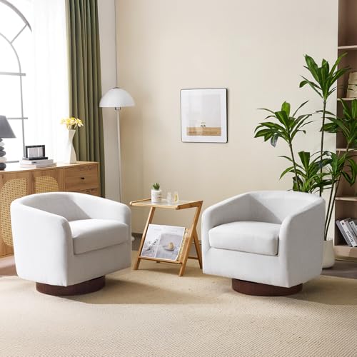 VINGLI 360°Swivel Accent Chairs Set of 2 with Engineered Wood Base and Removable Cushion for Living Room, Bedroom, Curved Back Barrel Chairs for Small Space, Upholstered Bucket Armchairs, Linen Beige - color: Linen-beige