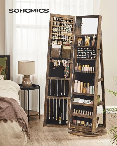 SONGMICS 360° Swivel Jewelry Cabinet, Full-Length Mirror, Lockable | Jewelry Armoire Organizer, Mirror with Storage, Rear Storage Shelves, Interior Mirror, Gift Idea, Rustic Brown UJJC006X01 - color: Rustic Brown, style: Framed Mirror, Classic