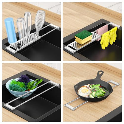 Expandable Over Sink Water Bottle Drying Rack with Dish Cloth Holder, Metal Kitchen Cup Drying Rack, Space-Saving Sink Drainer for Baby Bottles, Bottles, Dish Rags, Gloves & Reusable Bags (Silver)