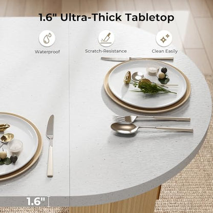 IRONCK 71" Oval Dining Table with Hidden Storage, Oak | Faux quartz-pattern laminate top, dual-sided cabinets, fluted engineered-wood base, and 397 lb capacity. - color: Oak