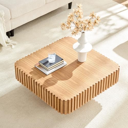 JUSTONE 35-inch Mid-Century Modern Drum Coffee Table, Handcrafted Wood Round Center Table for Living Room, Home Office, Natural Ash - color: 35.43'' - Natural Ash-1