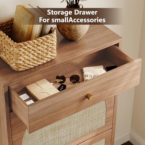 Shoe Storage Cabinet for Entryway, Slim Shoe Rack with 2 Flip Drawers and Top Storage Drawer, Narrow Shoe Organizer with Arched Rattan Accent, Entryway Shoe Storage for Size 13.5 Shoes, Caramel