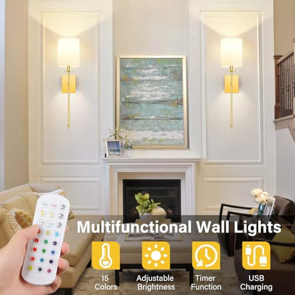 27 Inch Wall Sconces Battery Operated Set of 2, Rechargeable Wireless Wall Sconces Lights with Remote, Not Hardwired Dimmable Gold Wall Lamps with White Fabric Shade for Bedroom, 2 Bulbs Included - color: Gold and White, size: 27 inch