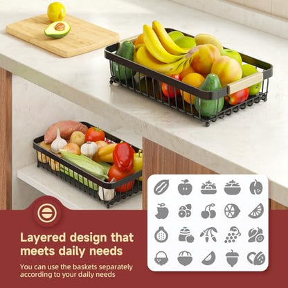 2-Tier Fruit Basket with Banana Hangers, Detachable Metal Bowl | Wooden handle, protective mats included. Versatile holder for bread, snacks, and veggies. Extra Large 2 tier metal design. - color: Black, size: 2 Tier Extra Large