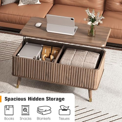 SULIVES Lift Top Coffee Table with Storage,Fluted Coffee Table with Lifting Top,Mid Century Modern Center Table with Solid Wood Legs,Small Coffee Tables for Living Room,Walnut - color: Walnut_rectangular