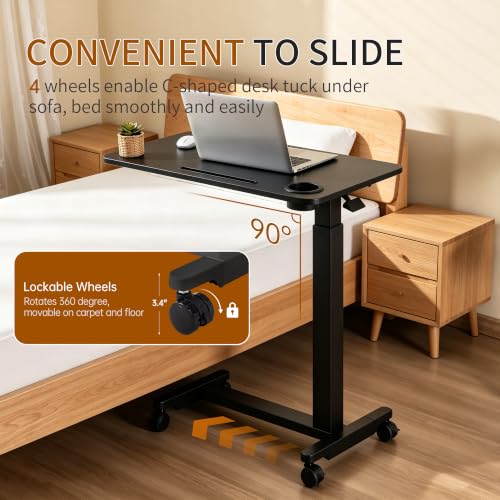 Adjustable Height Over Bed Desk with Drawer, Wheels, Slot, and Cup Holder | Portable Rolling Laptop Overbed Table, Pneumatic Hospital Bedside Tray with Storage, Laptop Standing Sofa Side Cart| Black - color: Black