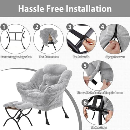 Youtanic Lazy Chair with Folding Ottoman, Accent Chair Plush Upholstered with Metal Structure and Non-Slip Pads, Sofa Armchair with Footrest and Side Storage Bag for Dorm, Room, Office, Light Gray - color: Plush Light Gray