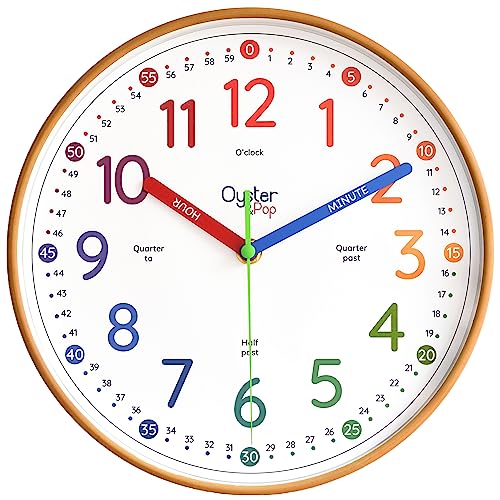 Oyster&Pop Rainbow Kids Wall Clock - Silent 10" Analog Learning Clock | Fully labeled color-coded telling time teaching clock for classroom, bedroom, nursery and homeschool - toddlers to age 12 - color: Rainbow, size: 10 inch
