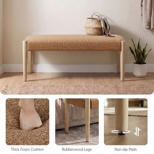 Usaint 42" End of Bed Bench with Wood Legs, Orange with Oak Leg | Modern Upholstered Bedroom Bench with Rubberwood Legs, Entryway Bench with Cushion, Dining Bench for Living Room, Bedroom - color: Orange With Oak Leg